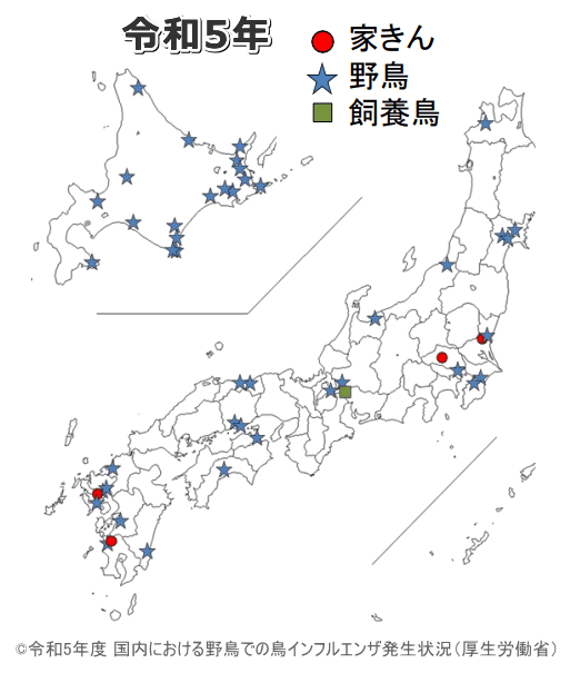 令和5年における日本国内の鳥インフルエンザ発生状況マップ