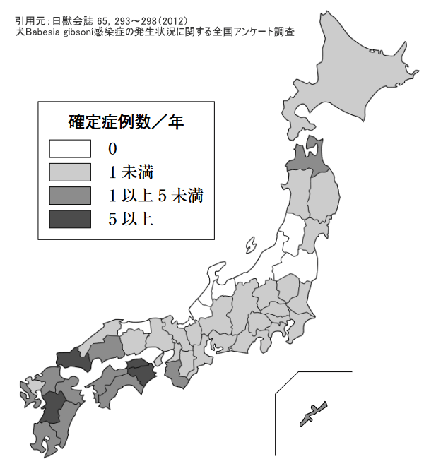 日本国内における犬バベシア症の感染症例数ヒートマップ