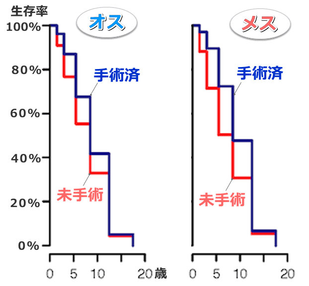 犬の性別・不妊手術と生存率の関係グラフ