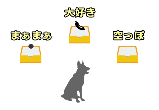 報酬度の異なる3つの箱を犬の前に用意する