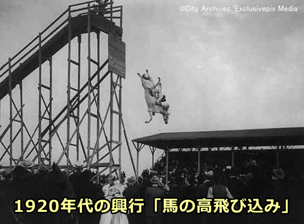 18mの高さから深さ3.5mの水面に向かって飛び込む馬