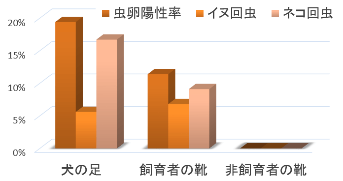 外を歩いた後の犬の足裏および人の靴裏から採取された回虫卵の陽性率