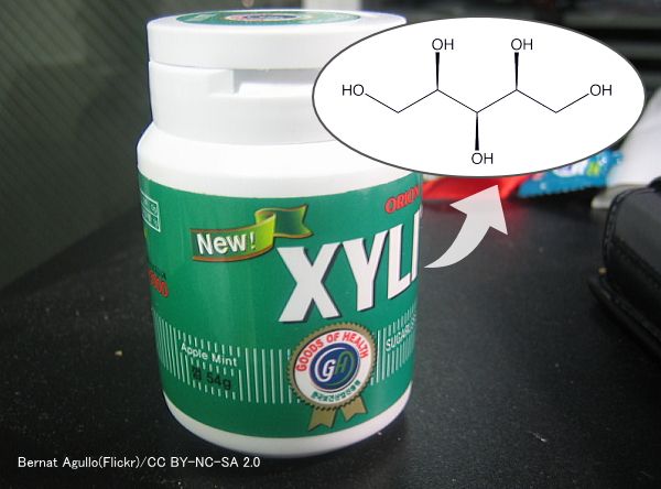 キシリトール（xylitol）の分子構造と代表的な含有食品
