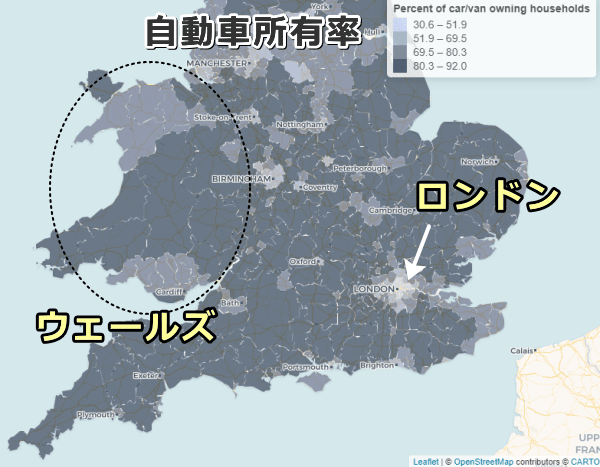 2011年における英国内の地域別自動車所有率一覧図