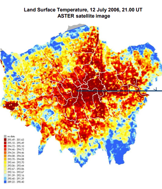 ロンドンにおけるヒートアイランド現象を示すヒートマップ