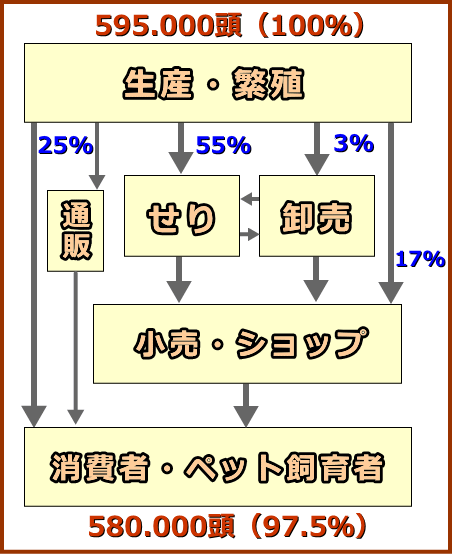 2008年度における犬の流通・販売ルートと流通量の推計